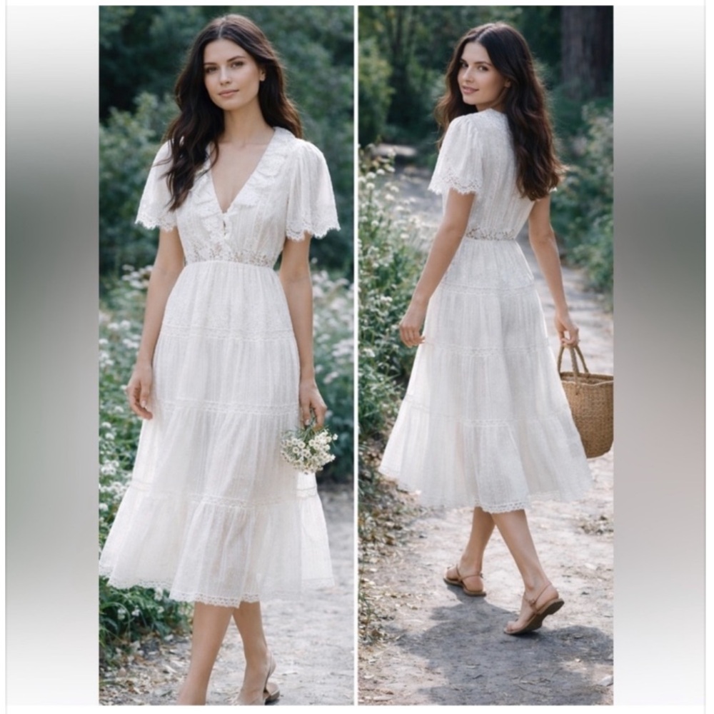 NWT DÔEN Gabriella Lace Cotton Midi Dress in white Sz L